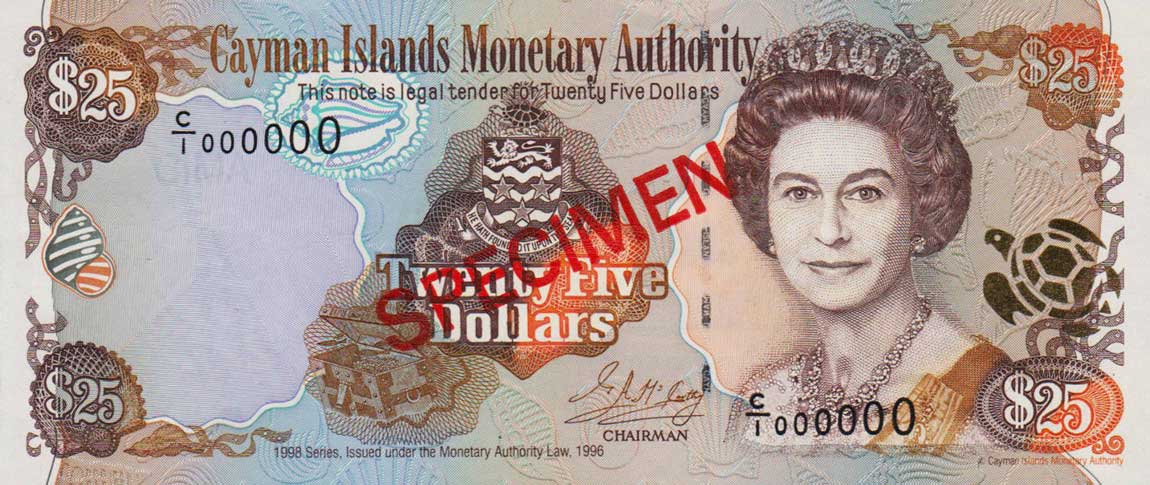 Front of Cayman Islands p24s: 25 Dollars from 1998