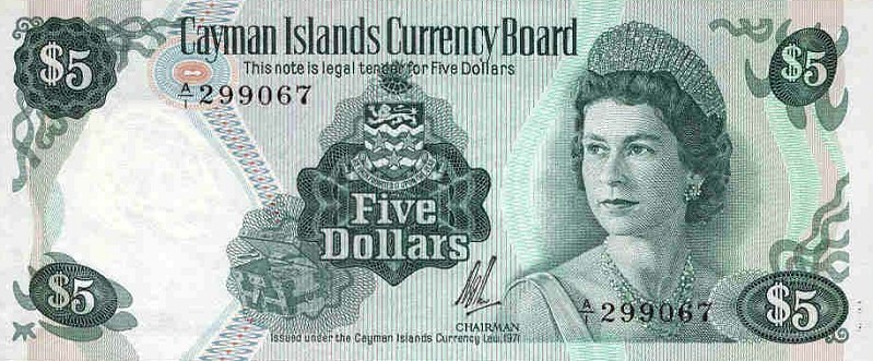 Front of Cayman Islands p2a: 5 Dollars from 1971