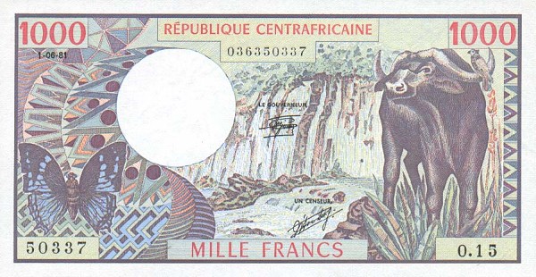 Front of Central African Republic p10: 1000 Francs from 1980