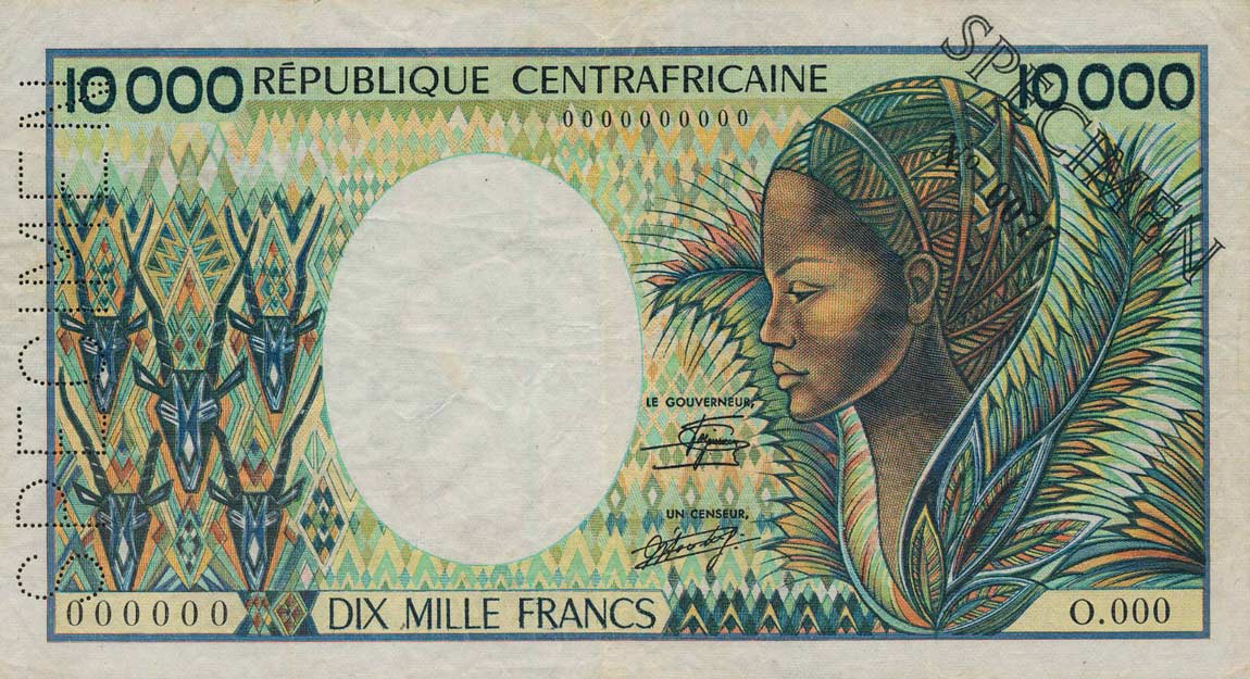 Front of Central African Republic p13s: 10000 Francs from 1983