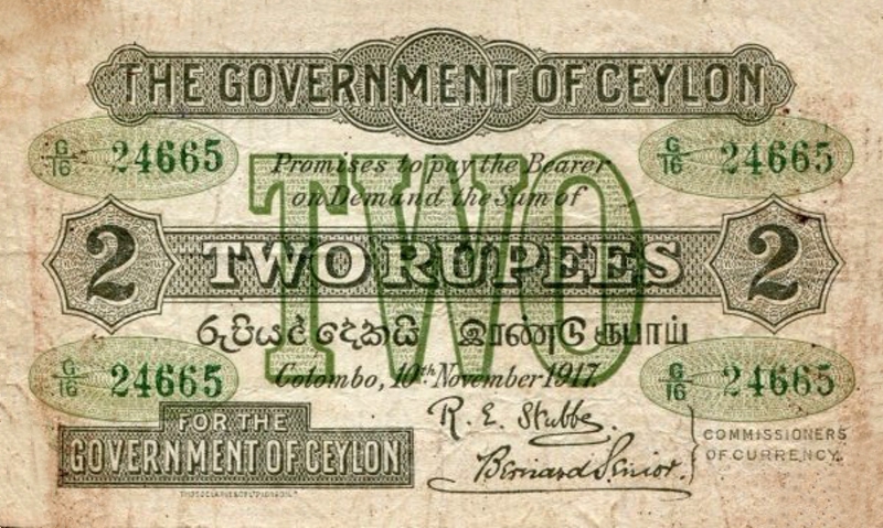 Front of Ceylon p18: 2 Rupees from 1917
