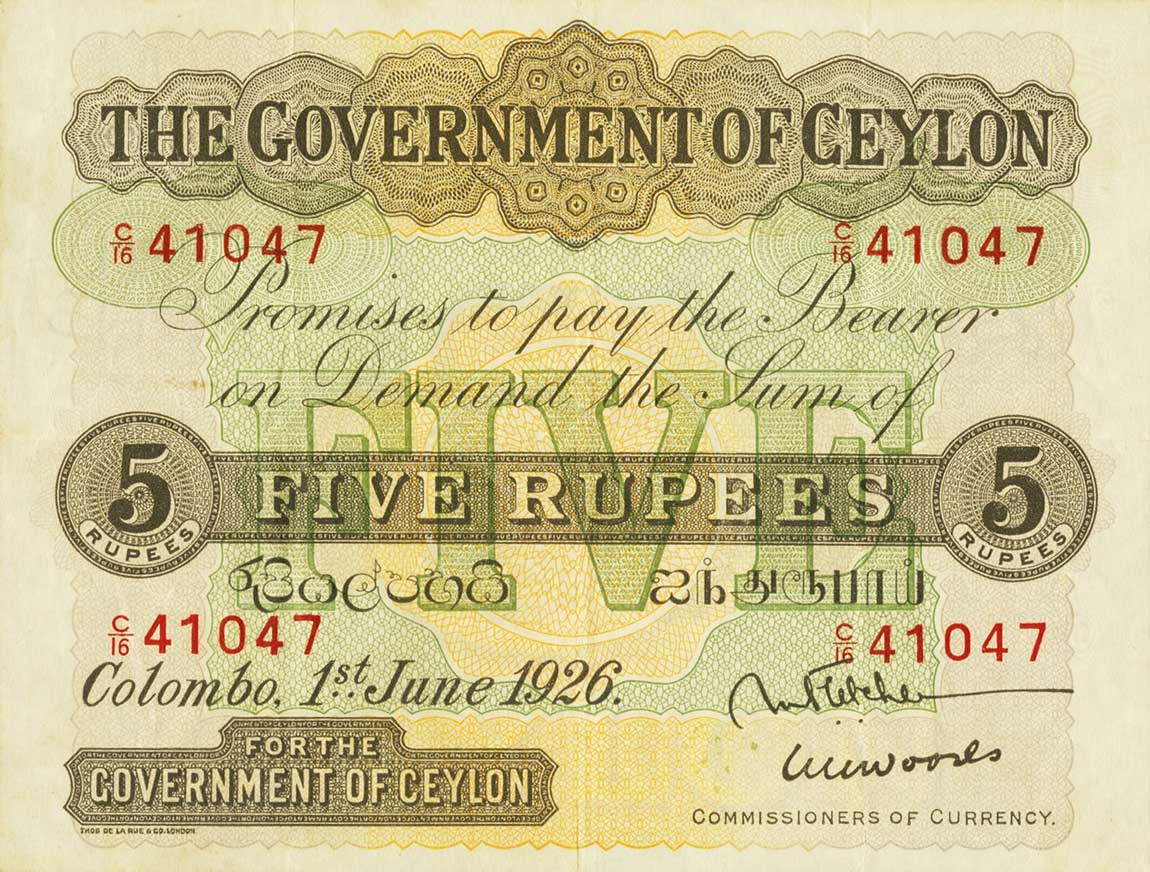 Front of Ceylon p22a: 5 Rupees from 1925
