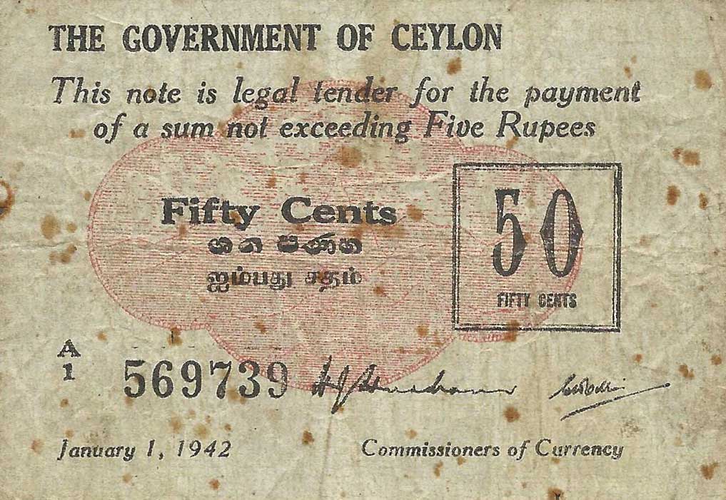 Front of Ceylon p41: 50 Cents from 1942