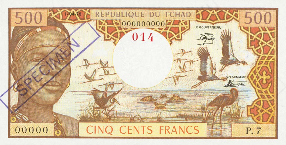 Front of Chad p2s2: 500 Francs from 1978