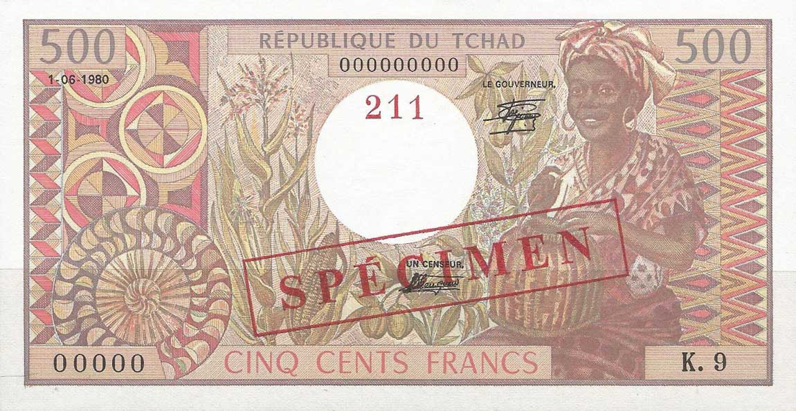 Front of Chad p6s: 500 Francs from 1980