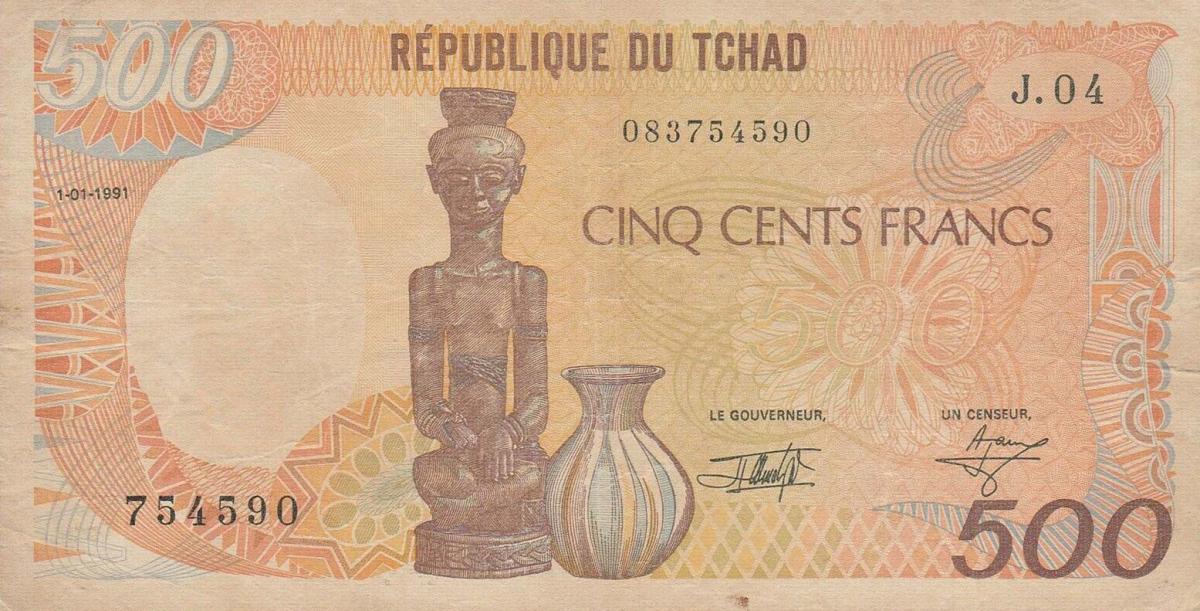 Front of Chad p9d: 500 Francs from 1991