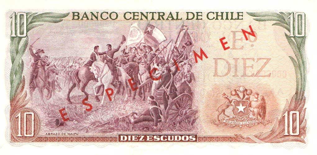 Back of Chile p139s: 10 Escudos from 1962