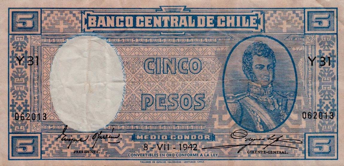 Front of Chile p91c: 5 Pesos from 1935