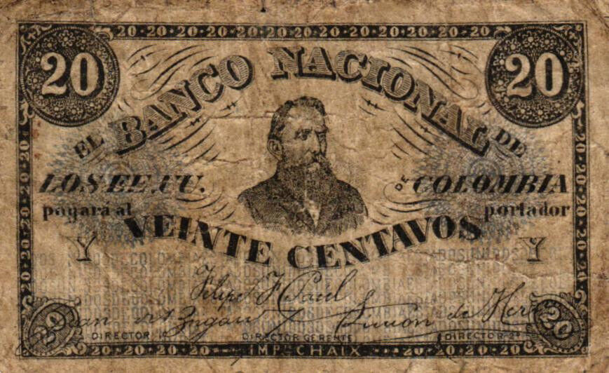 Front of Colombia p122: 20 Centavos from 1876
