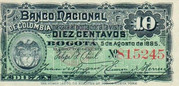 Front of Colombia p181: 10 Centavos from 1885