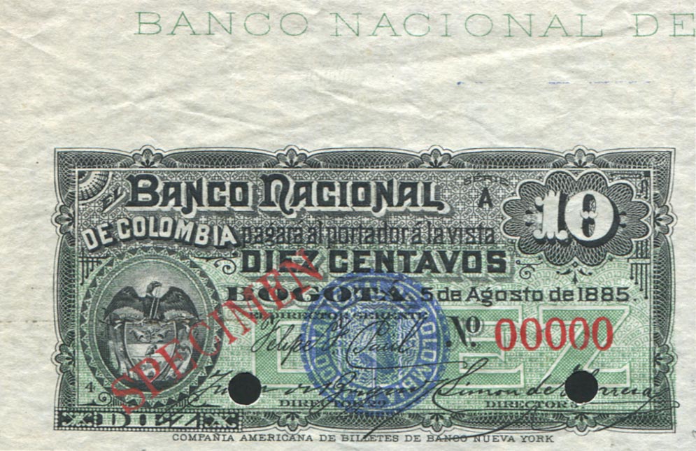 Front of Colombia p182s: 10 Centavos from 1885