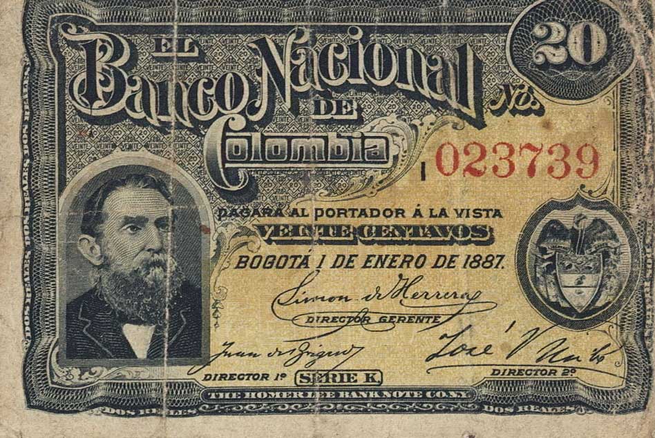Front of Colombia p189: 20 Centavos from 1887