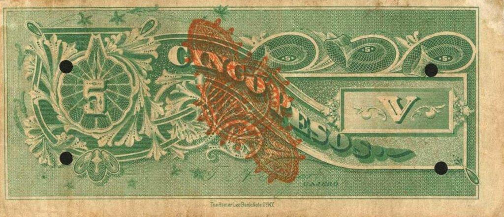 Back of Colombia p194: 5 Pesos from 1886