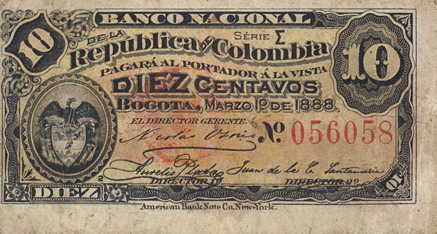 Front of Colombia p211a: 10 Centavos from 1888