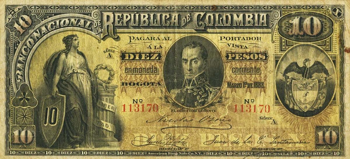 Front of Colombia p216a: 10 Pesos from 1888
