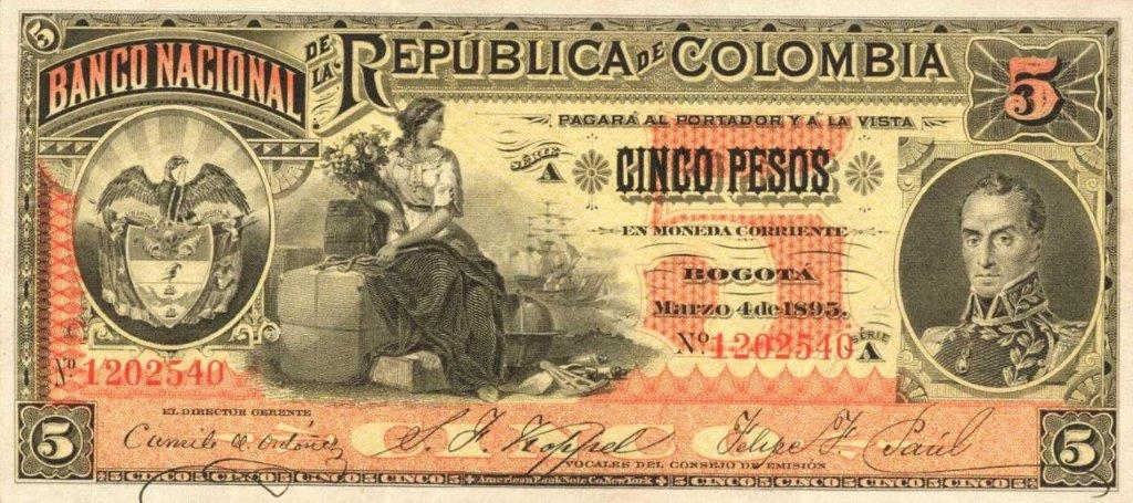 Front of Colombia p235a: 5 Pesos from 1895