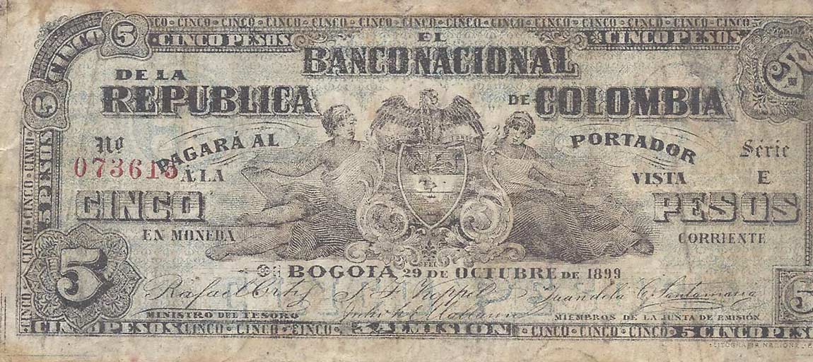 Front of Colombia p256: 5 Pesos from 1899