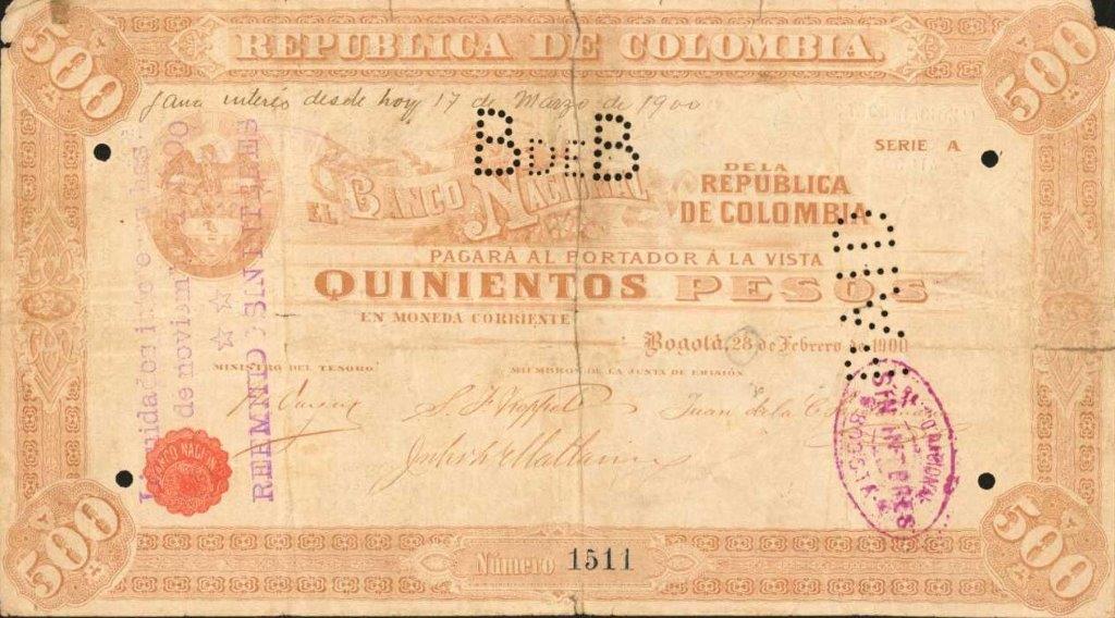 Front of Colombia p282: 500 Pesos from 1900