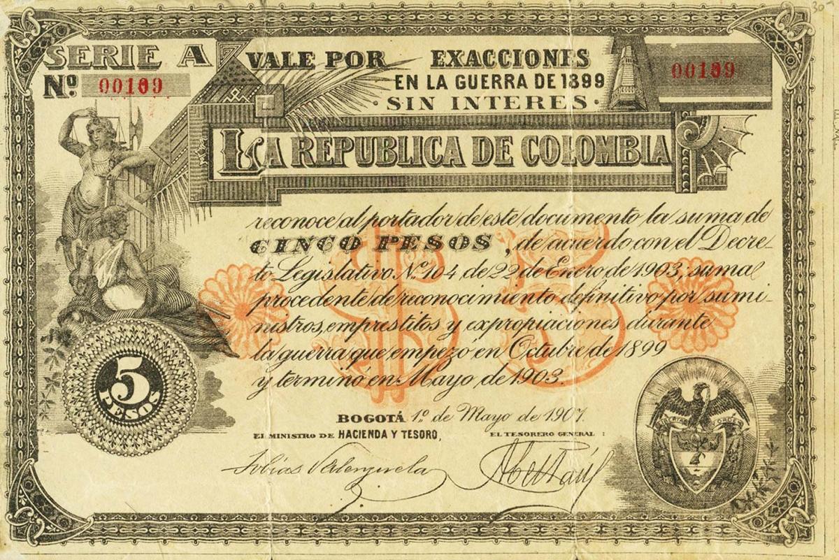 Front of Colombia p298: 5 Pesos from 1907