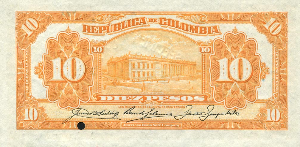 Back of Colombia p324s: 10 Pesos Oro from 1915