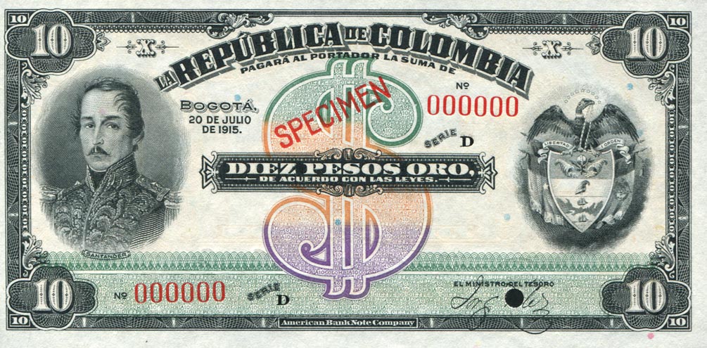 Front of Colombia p324s: 10 Pesos Oro from 1915