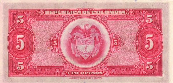 Back of Colombia p341a: 5 Pesos Oro from 1938