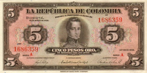 Front of Colombia p341a: 5 Pesos Oro from 1938