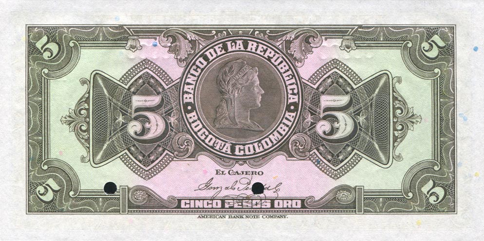 Back of Colombia p373s2: 5 Pesos Oro from 1928
