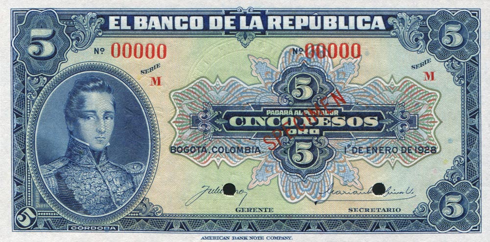 Front of Colombia p373s2: 5 Pesos Oro from 1928