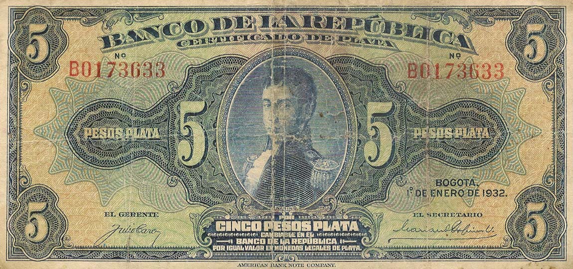 Front of Colombia p383a: 5 Pesos from 1932