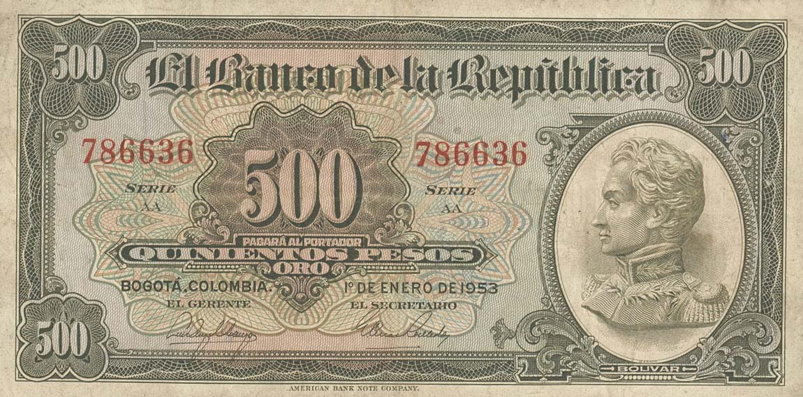 Front of Colombia p391d: 500 Pesos from 1951
