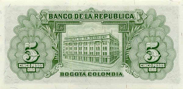 Back of Colombia p399a: 5 Pesos Oro from 1953