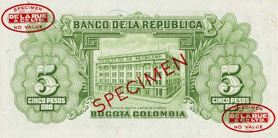 Back of Colombia p399s: 5 Pesos Oro from 1953