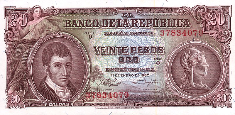 Front of Colombia p401b: 20 Pesos Oro from 1960
