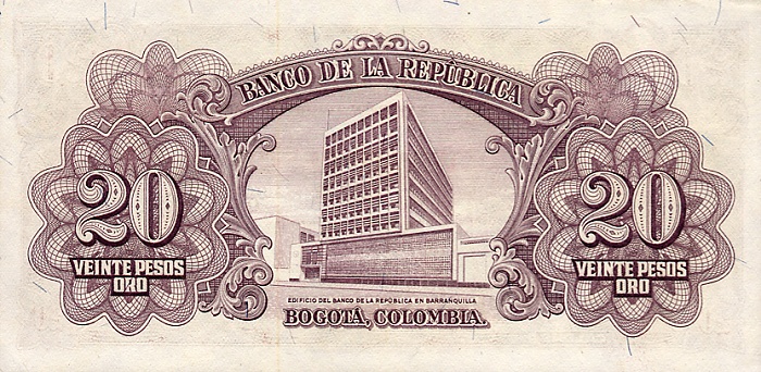 Back of Colombia p401c: 20 Pesos Oro from 1961