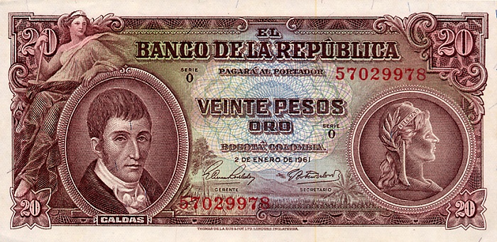 Front of Colombia p401c: 20 Pesos Oro from 1961