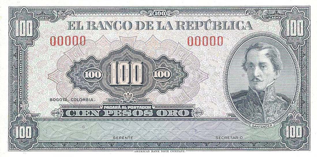 Front of Colombia p403p1: 100 Pesos Oro from 1958