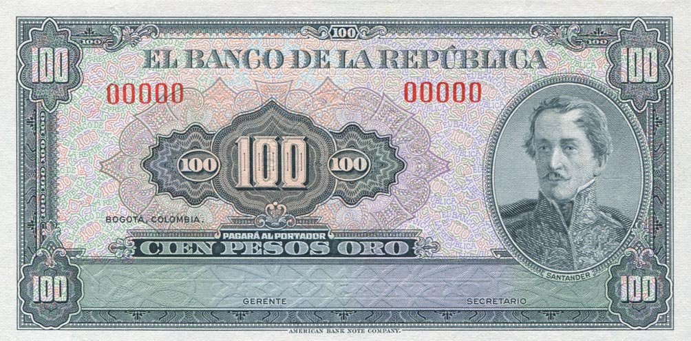 Front of Colombia p403s: 100 Pesos Oro from 1958