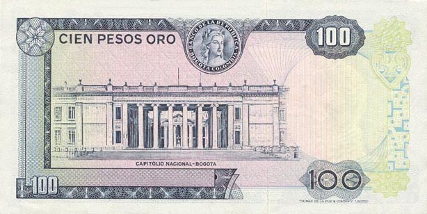Back of Colombia p410c: 100 Pesos Oro from 1970