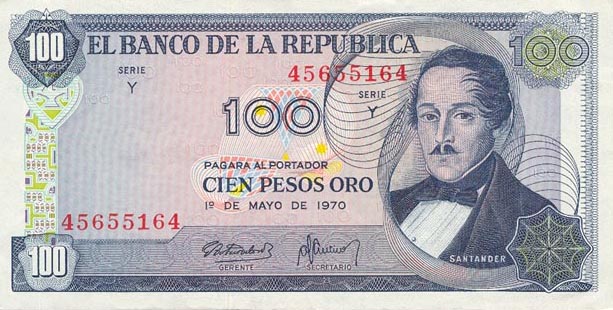 Front of Colombia p410c: 100 Pesos Oro from 1970