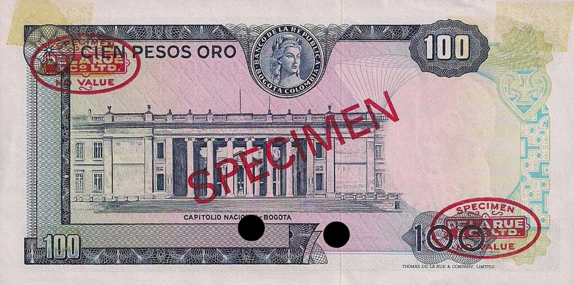Back of Colombia p410s: 100 Pesos Oro from 1968