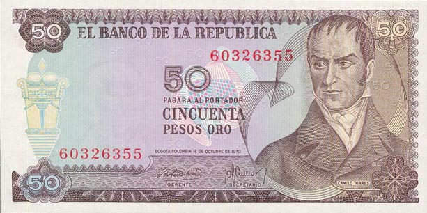 Front of Colombia p412b: 50 Pesos Oro from 1970