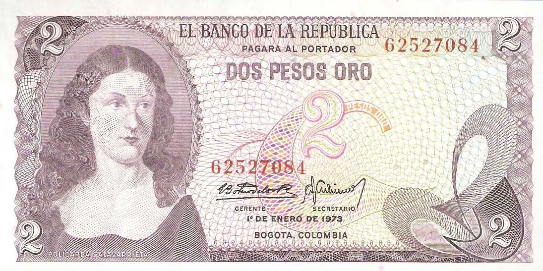 Front of Colombia p413a: 2 Pesos Oro from 1972