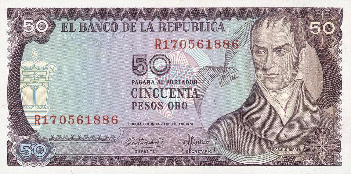 Front of Colombia p414: 50 Pesos Oro from 1973