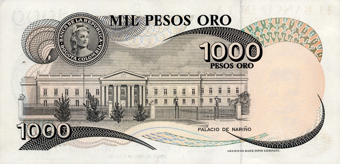 Back of Colombia p421a: 1000 Pesos Oro from 1979