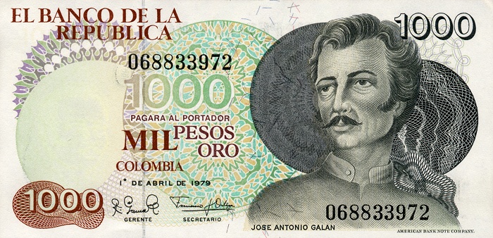 Front of Colombia p421a: 1000 Pesos Oro from 1979