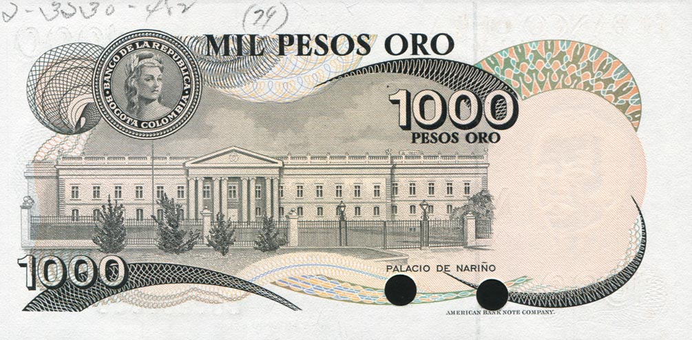 Back of Colombia p421s: 1000 Pesos Oro from 1979