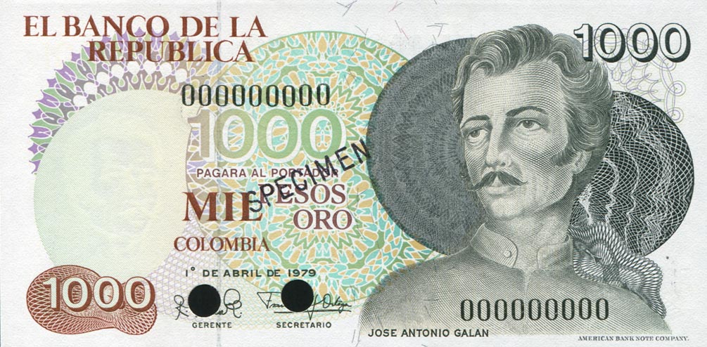 Front of Colombia p421s: 1000 Pesos Oro from 1979