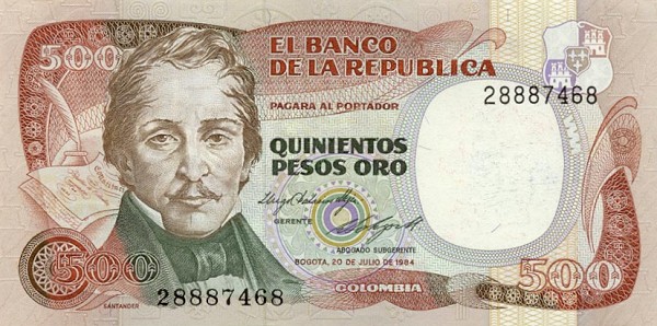 Front of Colombia p423b: 500 Pesos Oro from 1984