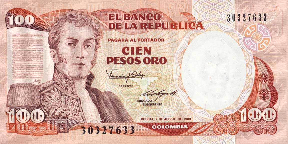 Front of Colombia p426d: 100 Pesos Oro from 1989